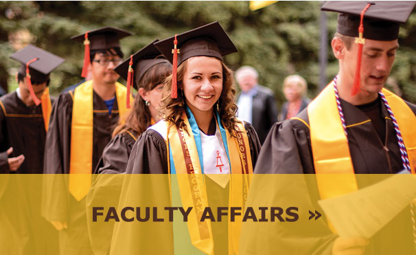 Students in graduation gowns and caps with text: Faculty Affairs