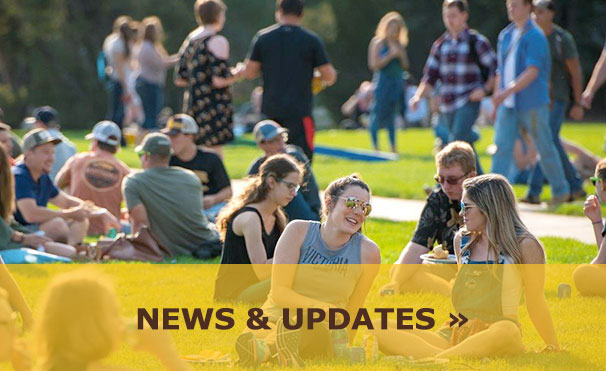 Students sitting in Prexy's Pasture with text: News & Updates