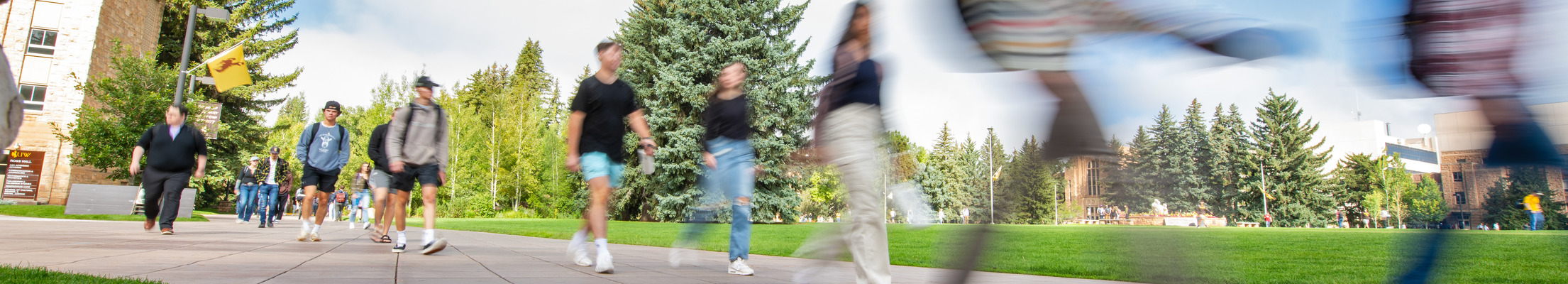 A photo of students walking to campus with a slight blur.