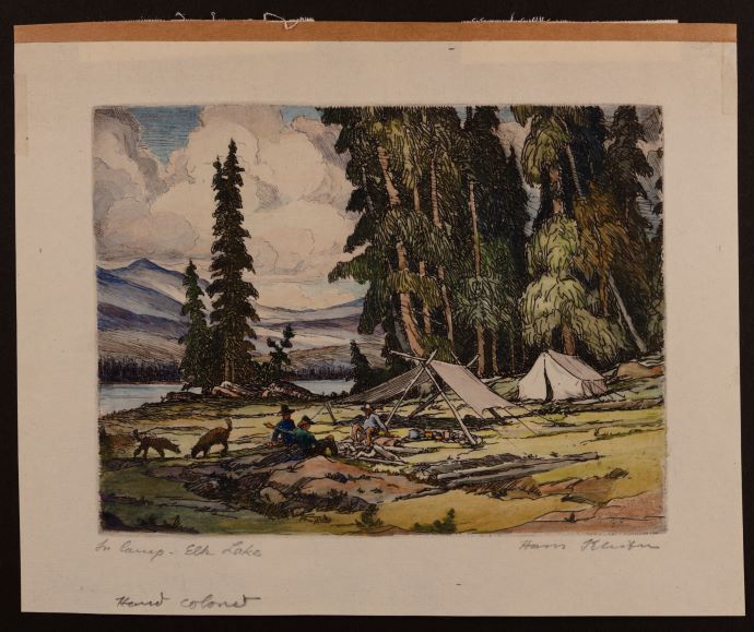 Hans Klieber water color painting of lean-to tent camping in moutians with trees and a lake 