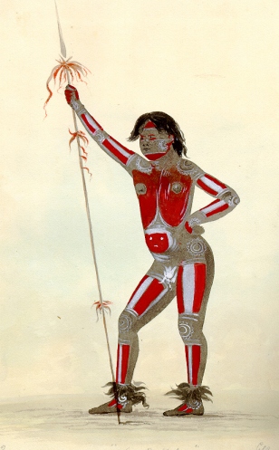 Sketch of native holding a very long spear, wearing read and white body paint pannels and ankle feathers