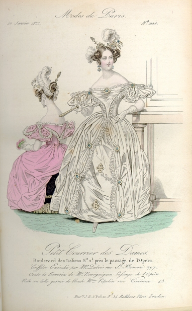 Shetch of women wearing dresses, 10 January 1835, Modes de Paris