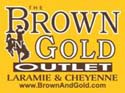 Brown and Gold Outlet logo in brown and gold with a steamboat, locations and website