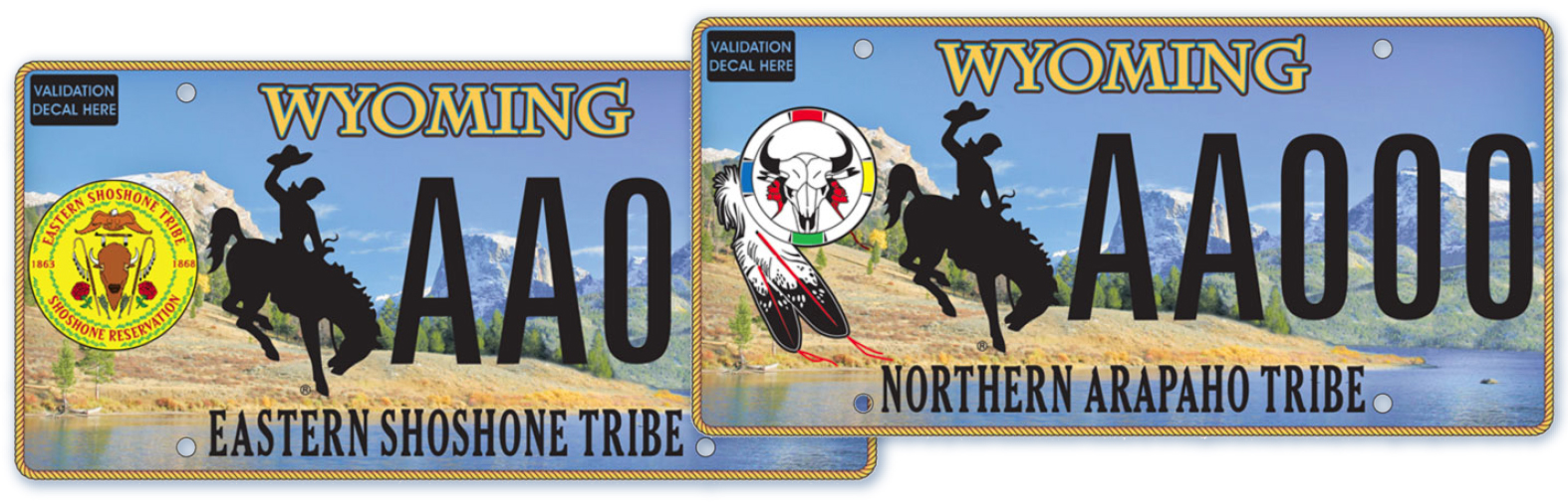 Two tribal license plates in blue: Eastern Shoshone Tribe and Northern Arapaho Tribe