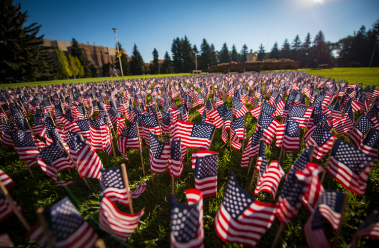 American flags on campus
