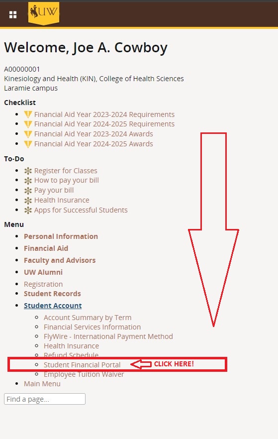 click on student financial portal under the student account menu