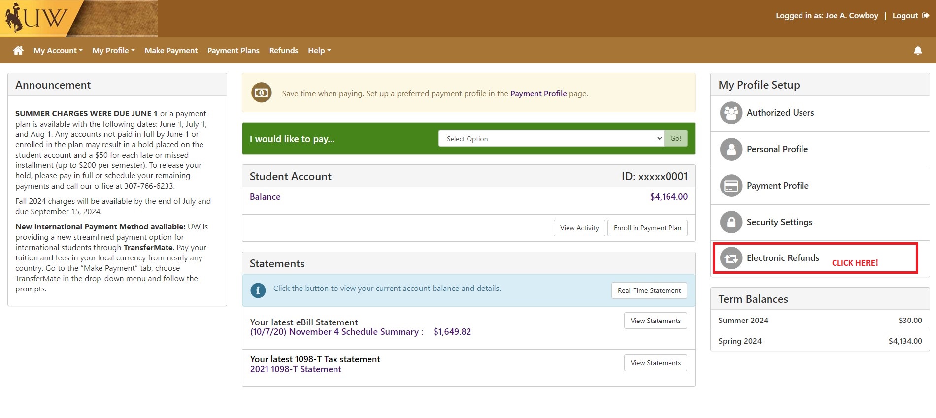 screenshot of the student financial portal. click Electronic Refunds
