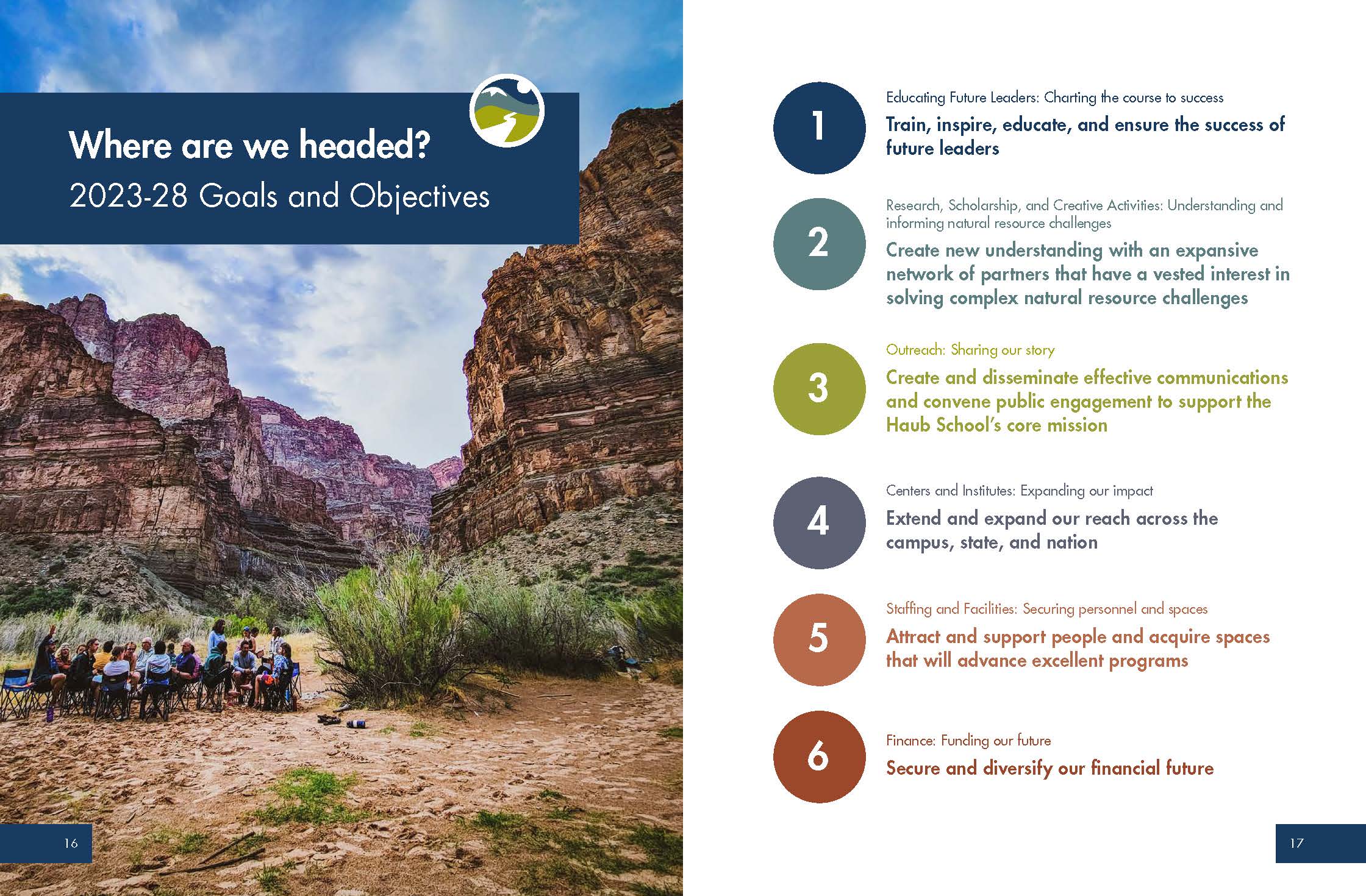 Excerpt from strategic plan that shows a field course on the grand canyon and 6 color-coded priorities for the future