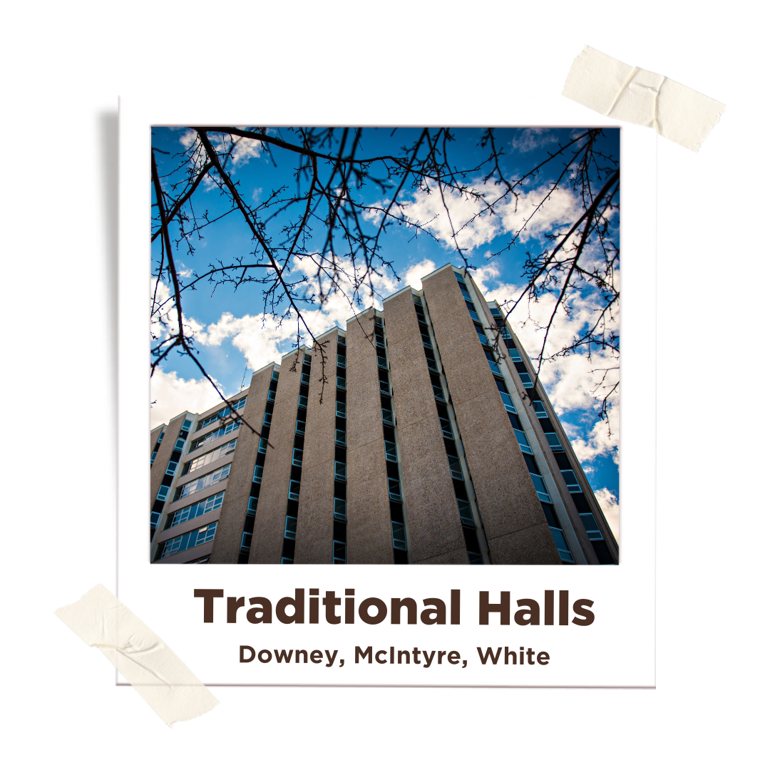 Traditional Halls, Downey, McIntyre, Orr, White with image of white hall facing the sky