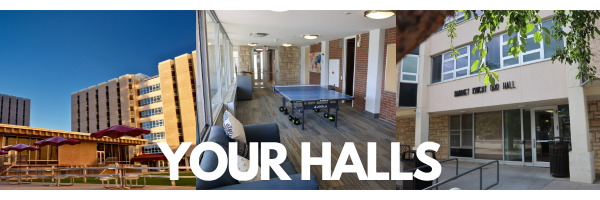 photographs of orr and downey residence hall buildings with a photo of a ping pong table in orr hall