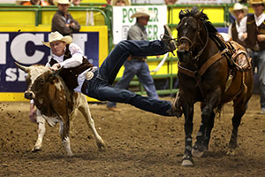 man throwing himself off a horse to tackle a steer