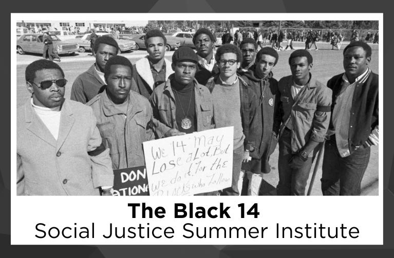 Text: The Black 14 Institute Image: The Black 14 with protest signs