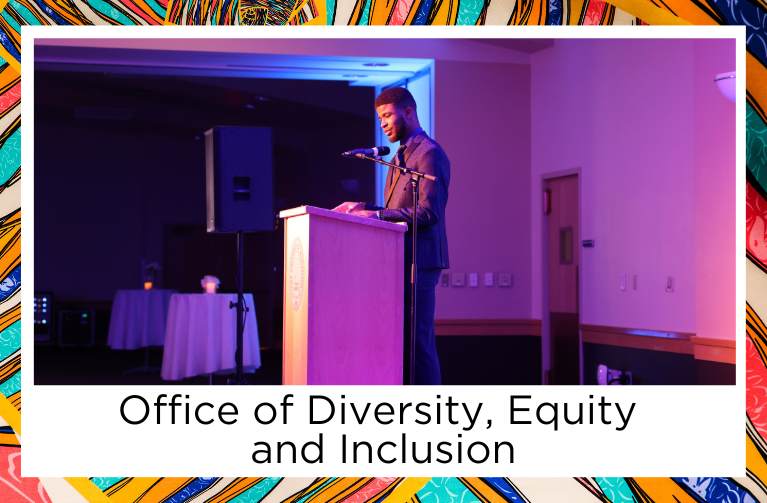 Text Office of Diversity Equity and Inclusion Image: Student Speaking at The Black 14 Gala 