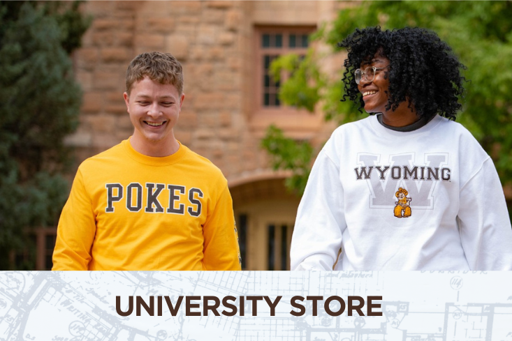 University Store with image of two students wearing sweatshirts from the store 