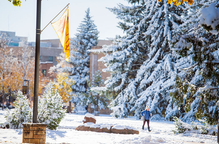 a snow covered area of the UW campus showing buildings, trees, and one person walking in the snow wearing a hat, coat, and boots