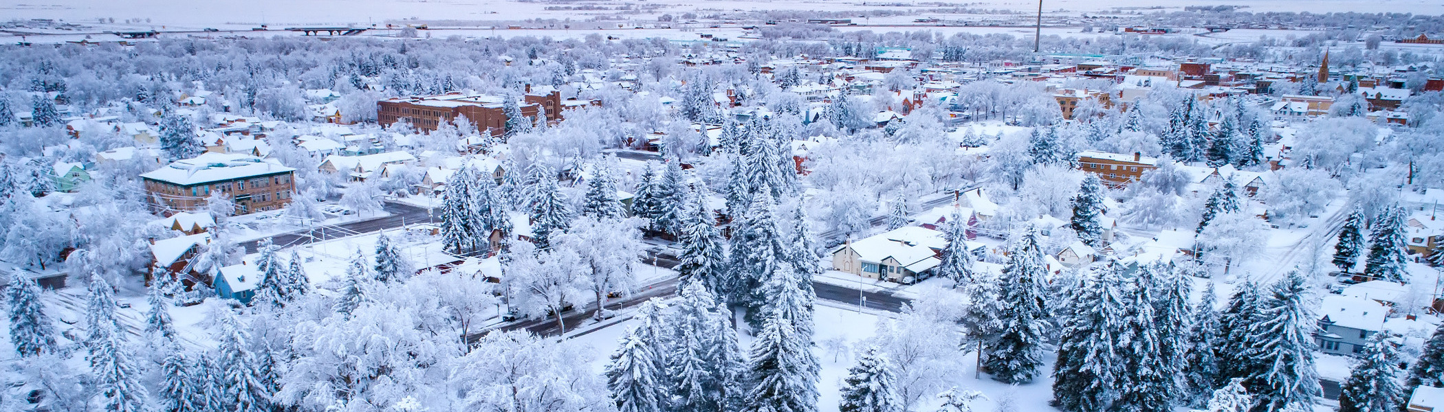 Aerial view of campus in snow