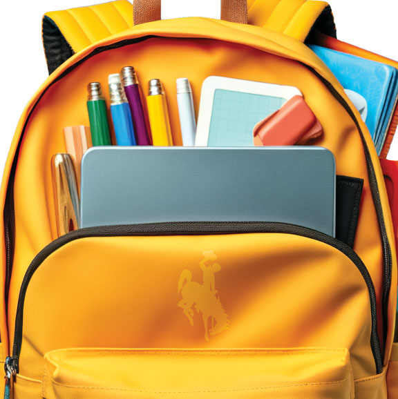gold colored backpack with Wyoming logo on it and school supplies peeking out
