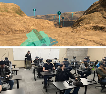 two pictures - top, a virtual landscape; bottom, a room full of people using VR equipment
