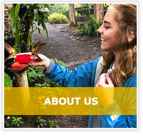 About Us over student feeding birds in rainforest