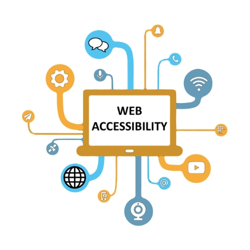 a graphic of computer with website accessibility text surrounded by web icons