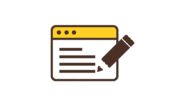 a brown and gold icon of a webpage with some writing and a pencil hovering over it